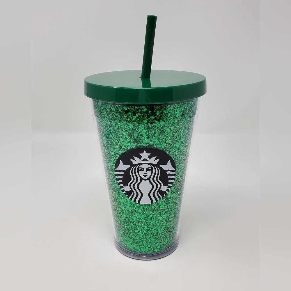 STARBUCKS GREEN GLITTER GRANDE ICED COFFEE COLD BEVERAGE TUMBLER 2018 HOLIDAY